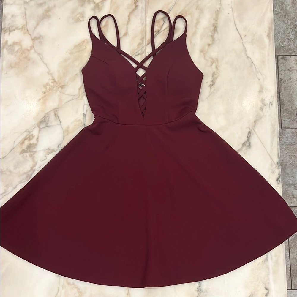 Speechless burgundy garnet maroon A-Line Mini Dress Plunge Neckline